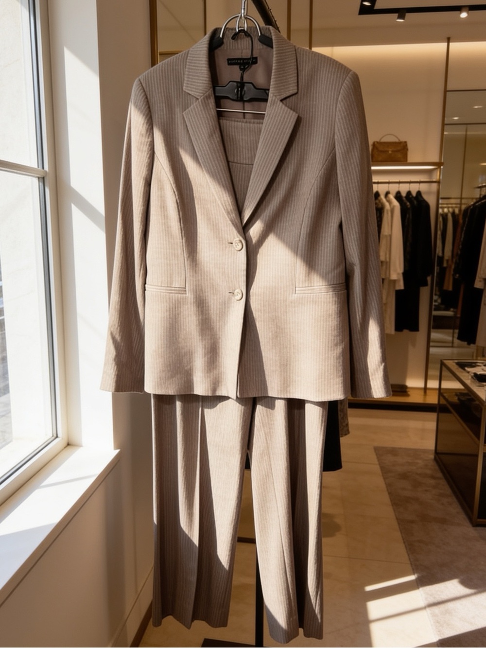 Antonio Melania Taupe Pinstripe Blazer & wide leg Trouser Suit